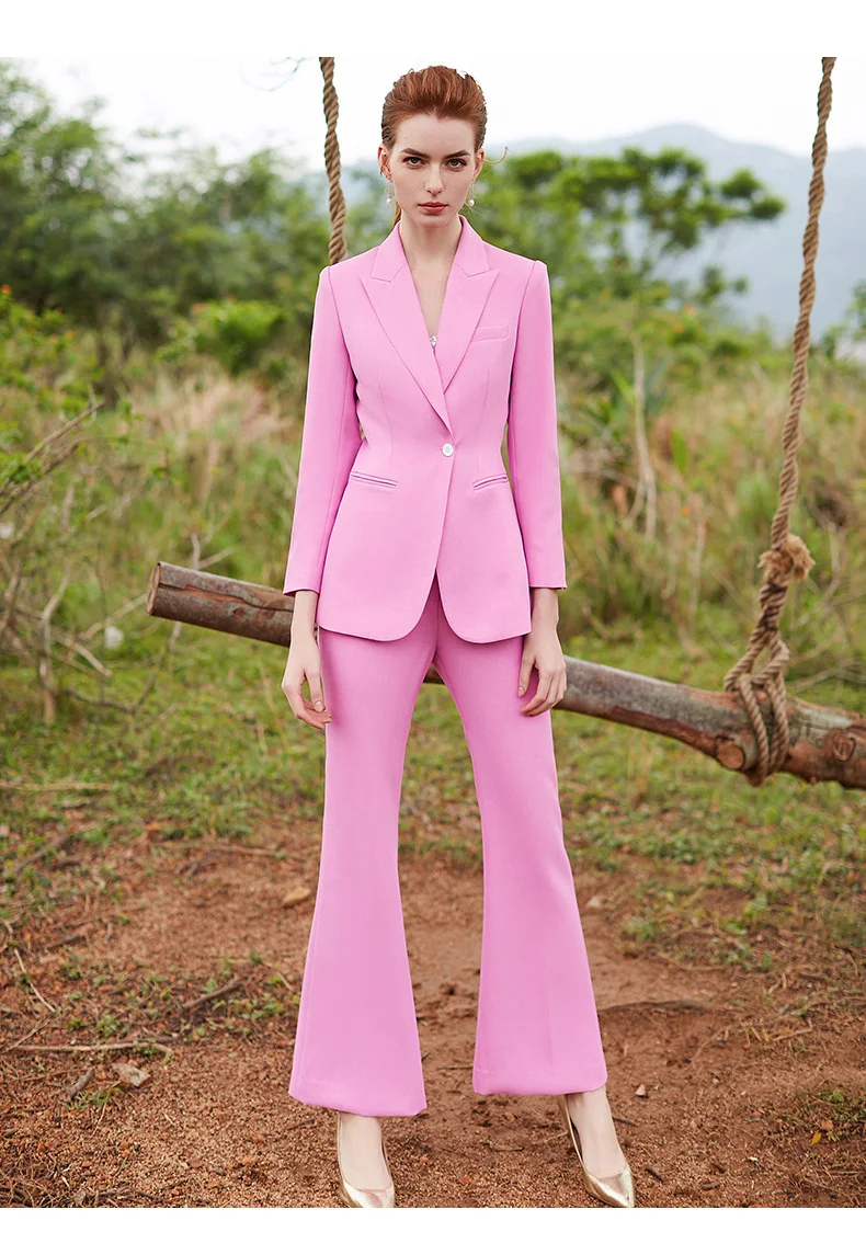 Sweet pink business wear women's fashion ladies temperament suit suit flared trousers 2-piece formal suit