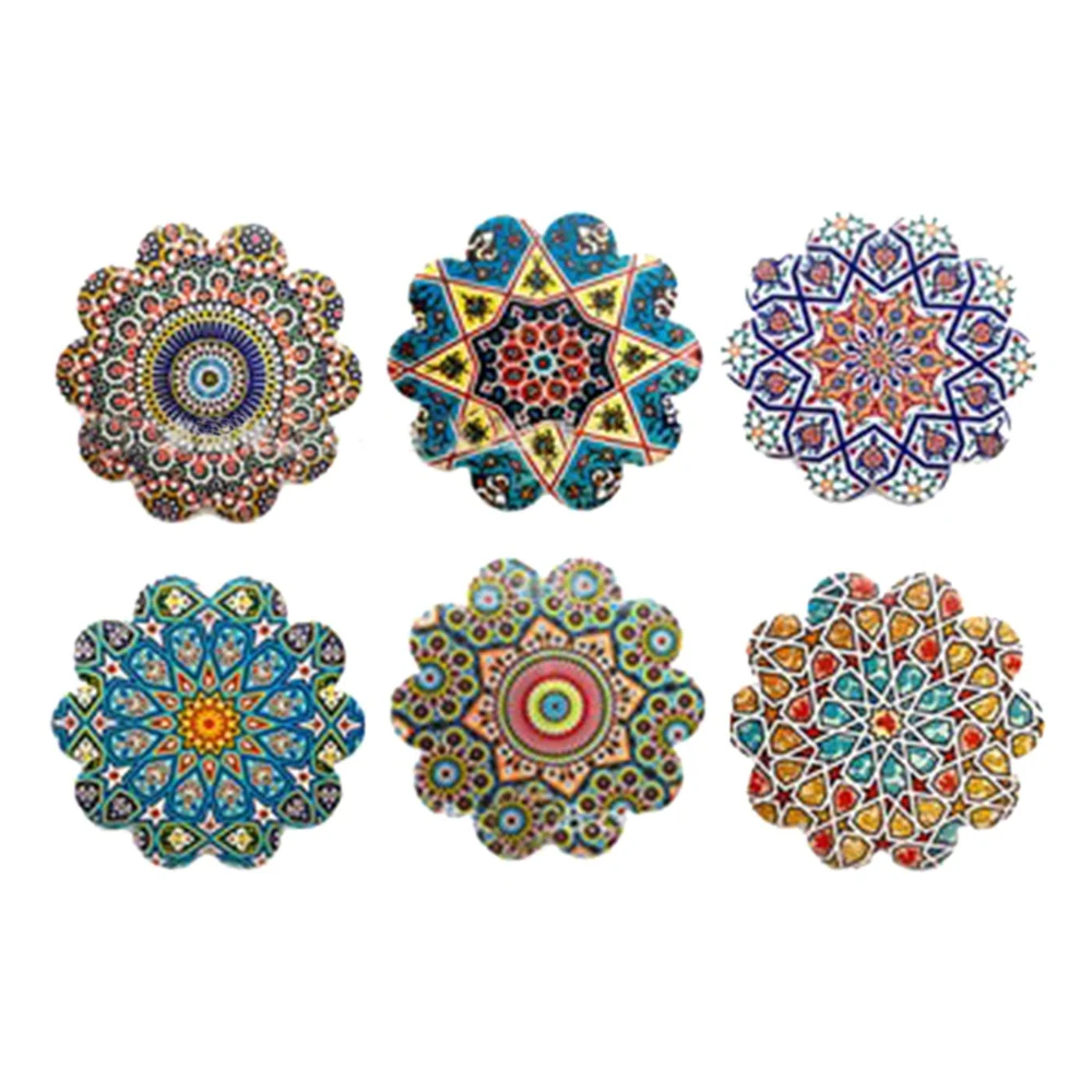 

6 Pcs Ceramic Non-Slip Absorbent Coaster Mandala Pattern Lace-Shaped Ceramic Absorbent Bottom Cork Non-Slip Coaster