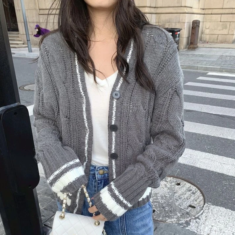 Осенне-зимний однобортный свитер в стиле пэчворк модный теплый мягкий кардиган