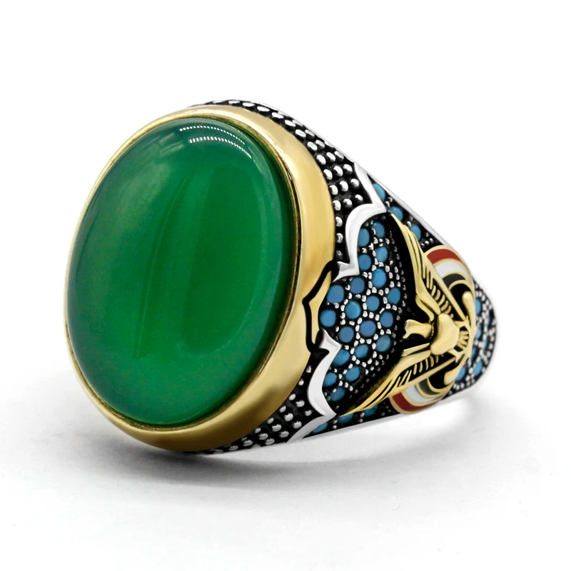 Кольцо мужское из зеленого агата с крупным натуральным камнем в стиле ретро панк из серебра 925 пробы. Мужчины No. 7-13.