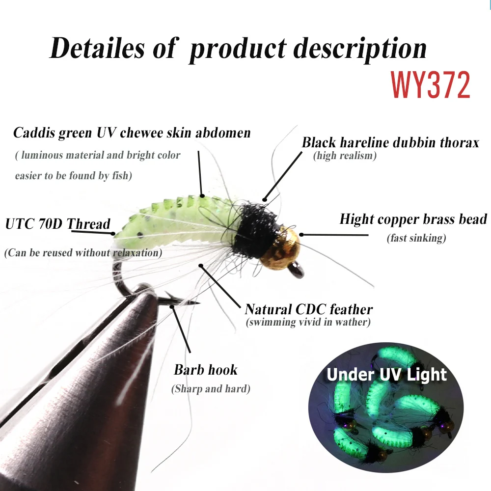 Фото Vtwins латунные бусины Caddis Larva Pupa Nymph перо Hackle UV Bug червь влажные мухи искусственная приманка для ловли форели нахлыстом №2