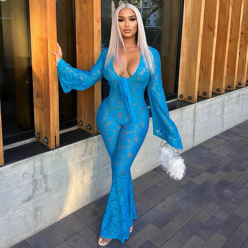 

Женский кружевной комбинезон, прозрачный Облегающий комбинезон с глубоким V-образным вырезом, длинным рукавом и высокой талией, осень 2023