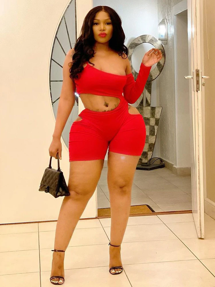 

One Shoulder Single Long Sleeve Playsuits for Women Camisole Waist Band Cut Out Bodysuits Summer Backless One Piece Club Outfits