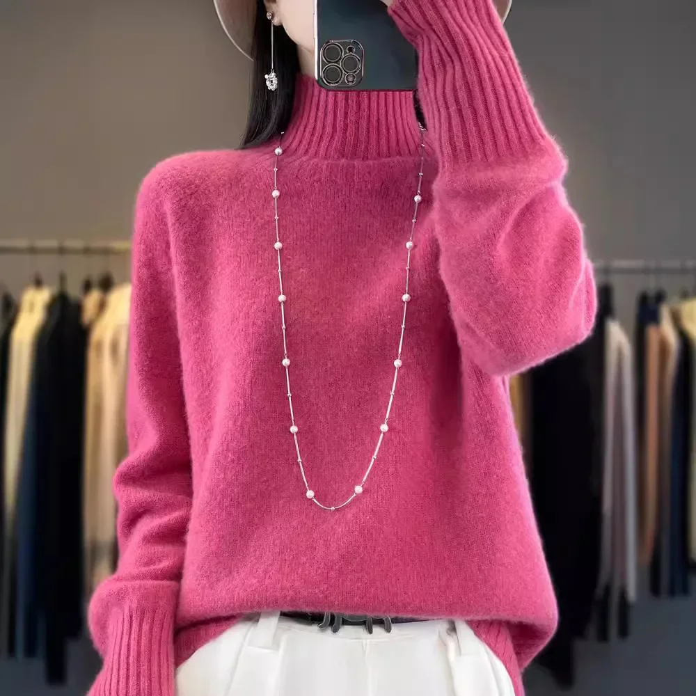 Женский вязаный топ из 100% шерсти пуловер с полуполо/черепаховым воротником