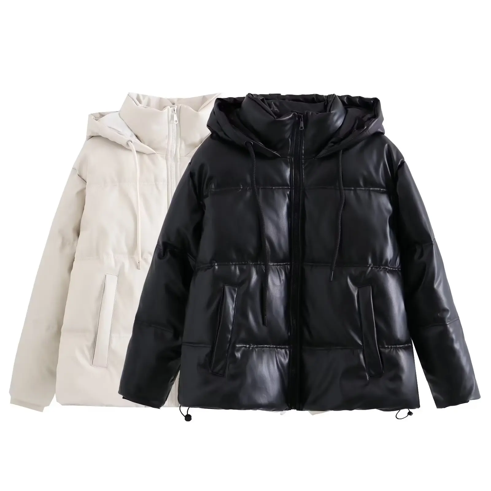 

Women 2023 Winter Fashion Artificial Leather Cotton-padded Jacket Coat Vintage Long Sleeve Hooded Female Outerwear Chic Tops