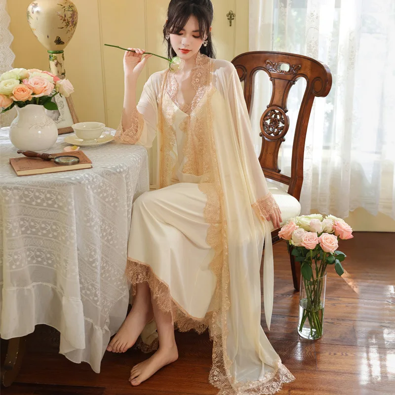 2023 Summer Long-sleeved Nightgown Women's Spring Chest Pad Sling Nightdress Cotton Palace Style Pajamas Home Service Suit