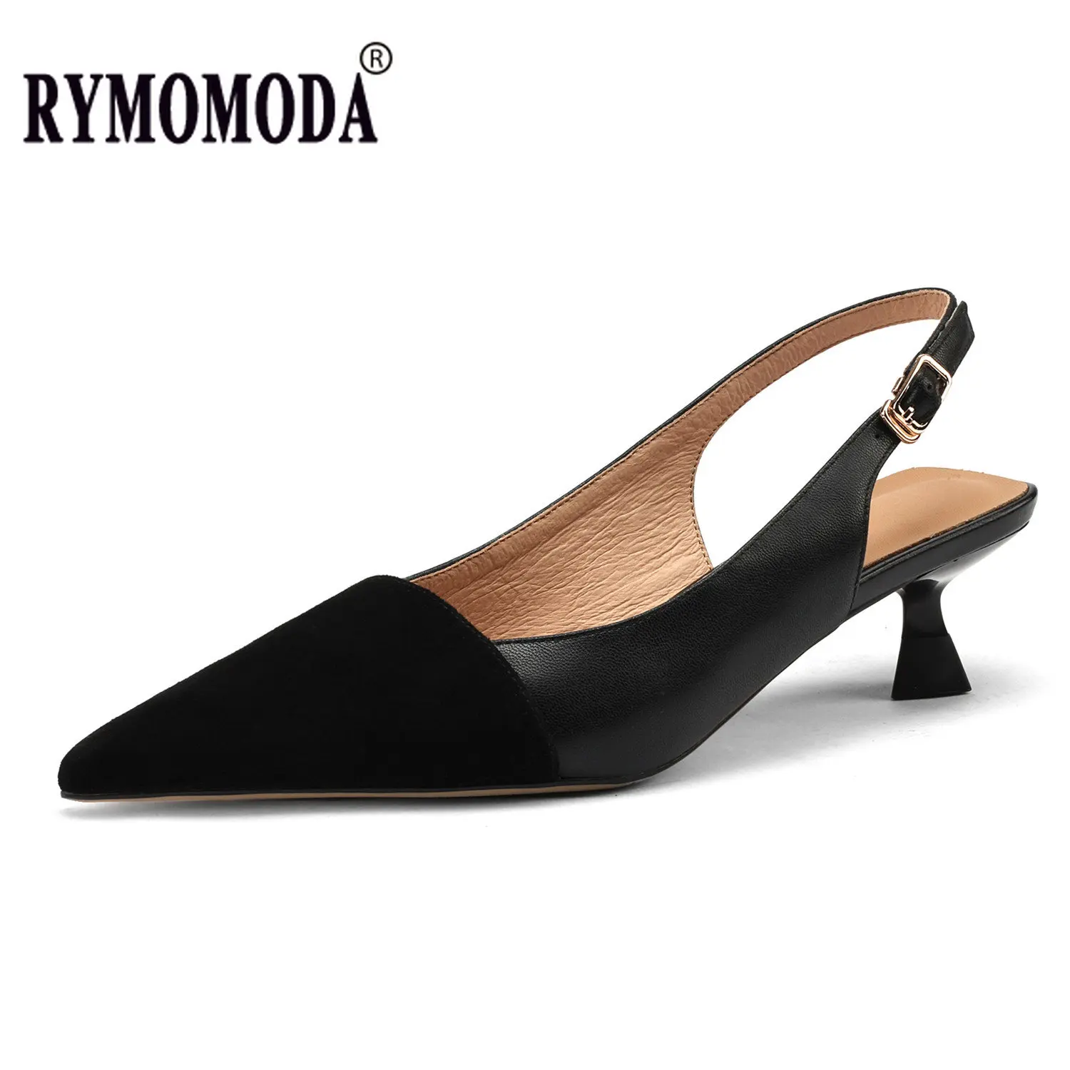 

Black Sandals Women 2023 Summer Genuine Leather Slingback Elegant Mid Heel Pointed Comfortable Light Female Shoes Big Size 42