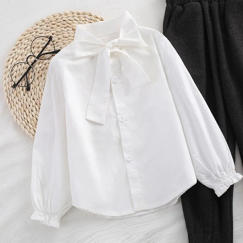 Spring Autumn School Girls White Blouse Kids Shirt Children's Clothes Baby Toddler Long Sleeve Cotton Girl Bow Blouses Tops