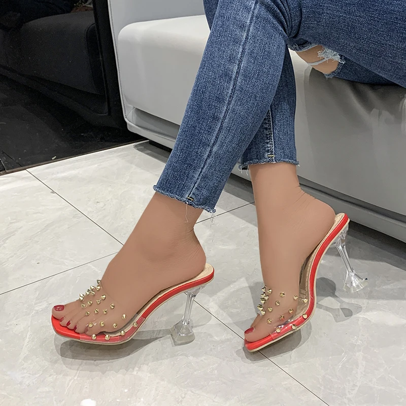 

2022 New Women Rivets Summer Square Toe Open Toe Chunky Heels Fashion Chain Solid Color Women High Heel Sandalias De Mujer