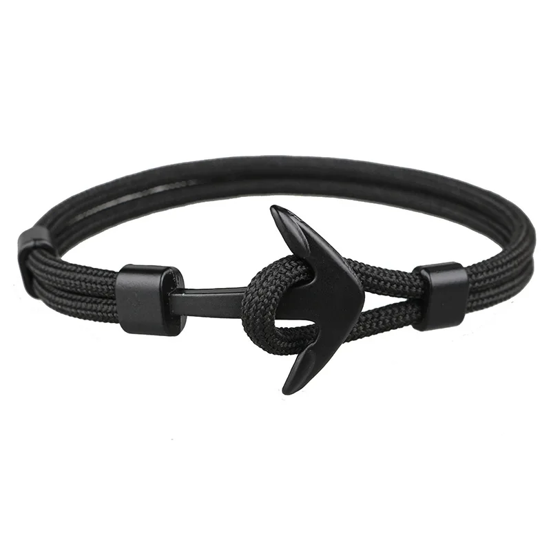 

High quality fashion black anchor bracelet men's charm survival rope chain leather friendship bracelet men and women jewelry