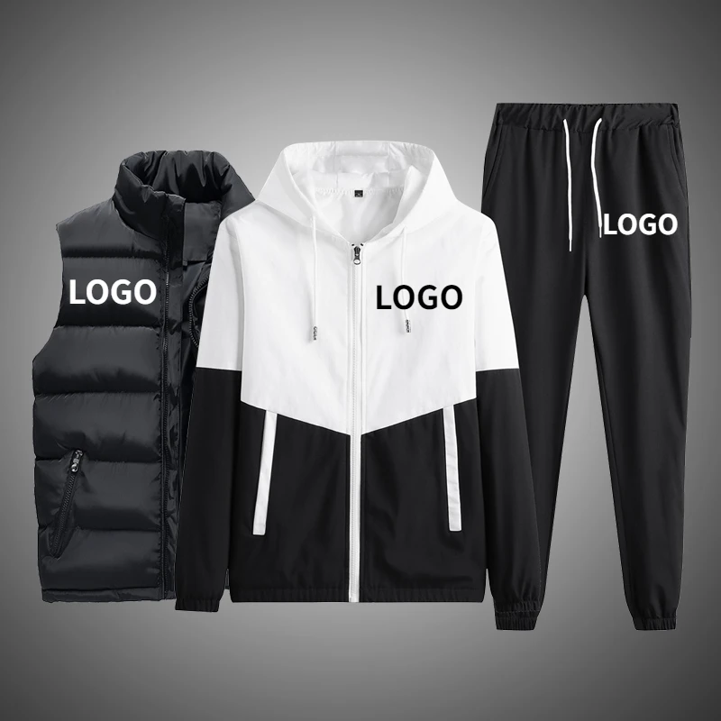 Custom LOGO Men 3 Piece Sets Brand Patchwork Zipper Cardigan Pants Jacket Hip Hop Fitness Streetwear Male Tracksuit Dropshipping