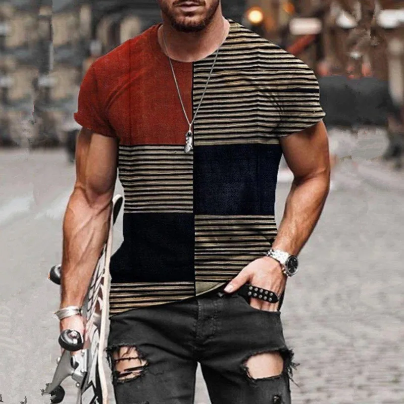 

Summer New Mens Striped Patch Color Causal Loose Short Sleeve T Shirts Oversized Vintage Ethnic Printed O Collared Plaid Tshirts