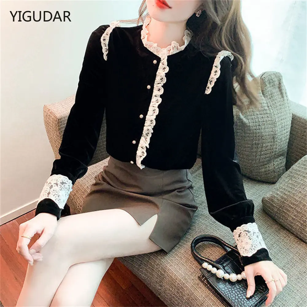 Women Shirt Blouse Lace Shirt Autumn Winter Velvet Long Sleeve Top for Women Blusas Ropa De Mujer