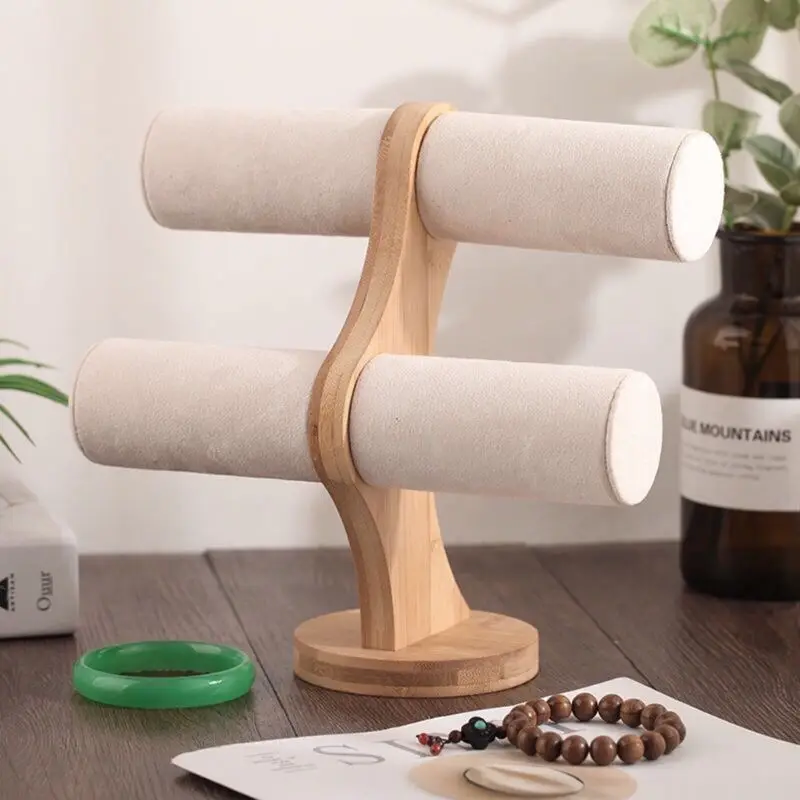 2 Tiers Display T Bar Stand Home Bracelets Organization Jewelry Showcase Watch Storage Bangle Organizer Table Top Wooden Holder