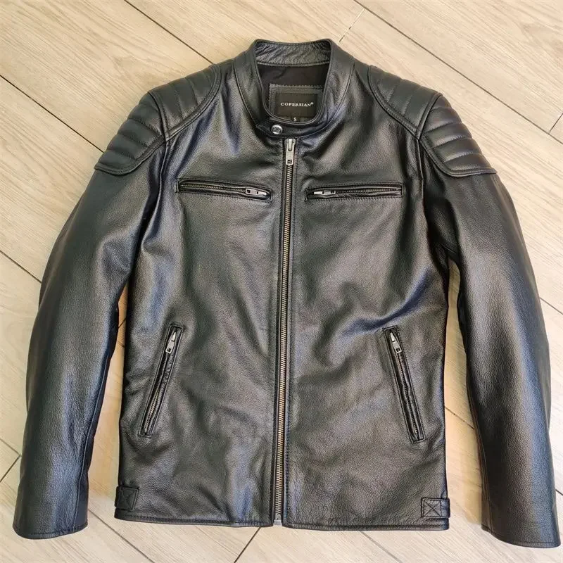 Кожаная мужская куртка натуральная негабаритная короткая мотоциклетная