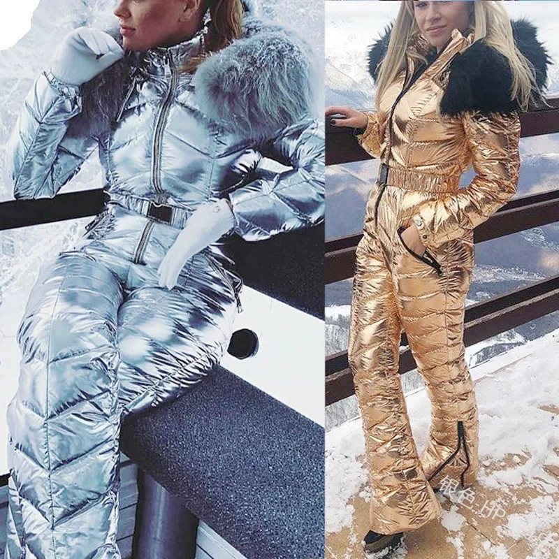 

Новый блестящий серебристый и золотой цельный лыжный костюм, женский зимний ветрозащитный лыжный комбинезон, костюм для сноуборда, женские зимние костюмы