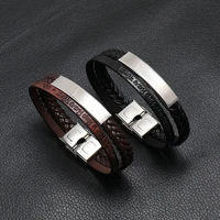 simple style mens black genuine leather bracelet classic stainless steel insert double layer braid bangles for men friend gift
