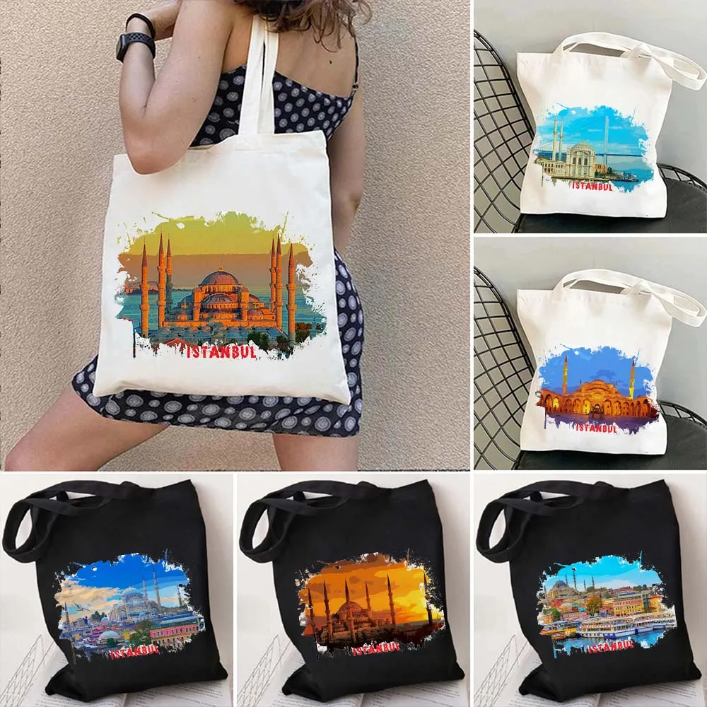 

Istanbul Turkey Turkish Landscape City Sights Watercolor Ink Painting Shoulder Canvas Cotton Totes Bag Harajuku Shopper Handbags