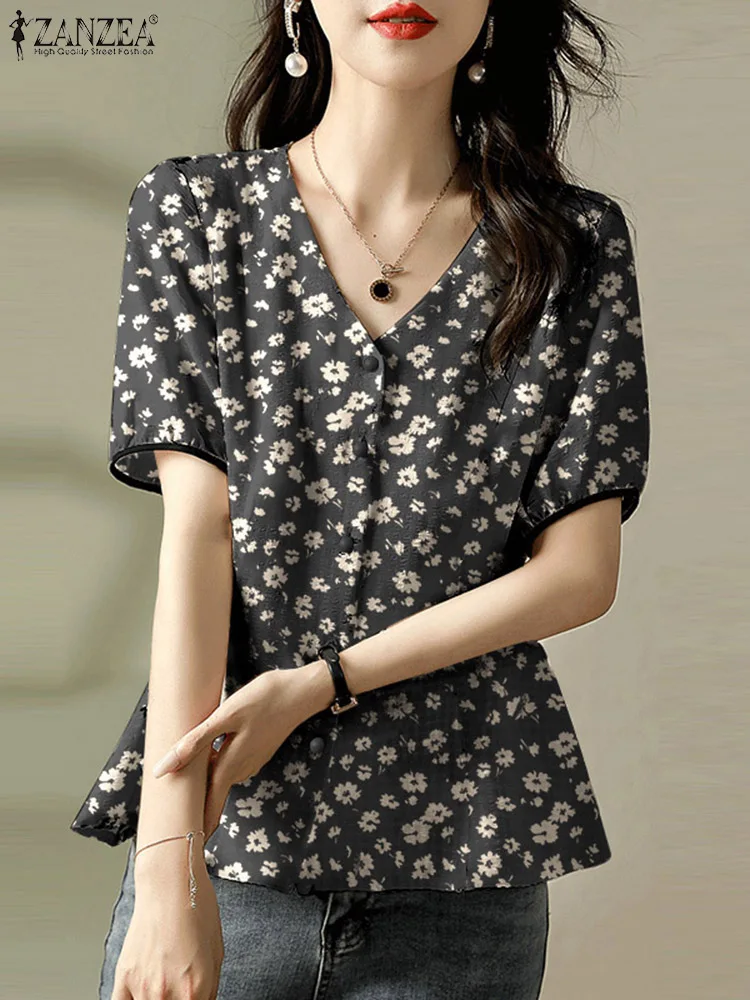 

Рубашка ZANZEA женская с V-образным вырезом, модная блузка в Корейском стиле с коротким рукавом, повседневный топ с баской, Элегантная блузка с оборками на Подоле и цветочным принтом