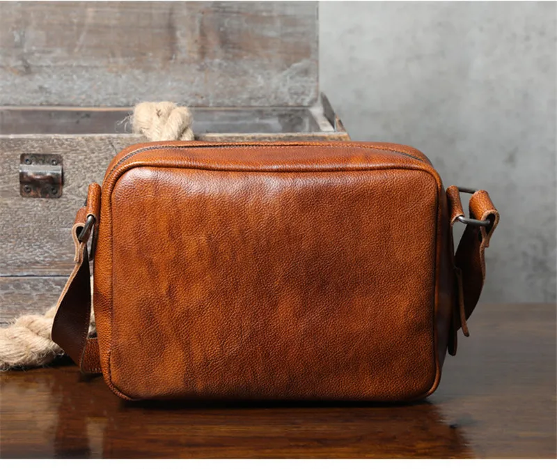 Casual simple luxury genuine leather men crossbody bag vintage natural soft real cowhide outdoor daily travel brown shoulder bag