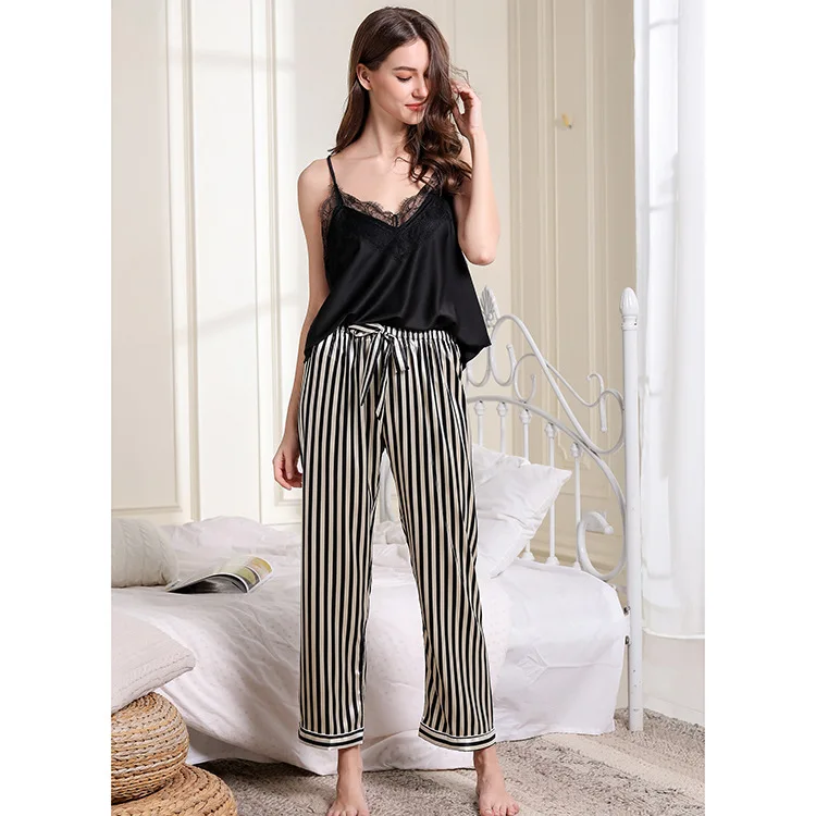 Summer Pajamas Set Women's 2 Pieces Pajama Suits Silk Satin Nightwear 2022 Home Clothes Sexy Lace Cami Top and Pants Sleepwear
