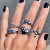 5pcs punk gothic heart sword rings set for women vintage metal silver color skull butterfly charms fingerjewelry gift wholesale