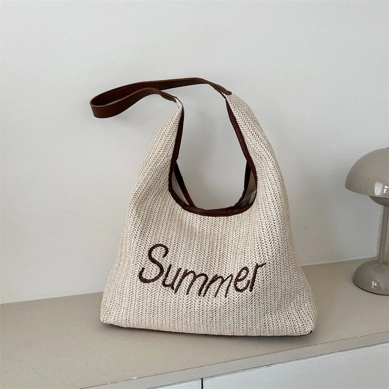 

Соломенная Сумка на одно плечо для женщин, Вместительная женская сумка-тоут для книги, летняя пляжная сумочка с магнитной застежкой в стиле ...