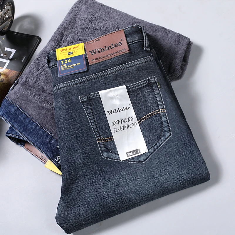 Autumn and Winter Fleece-lined Business Jeans Men's Straight Classic Labor Suit Casual Loose Thickening Keep Warm Pants