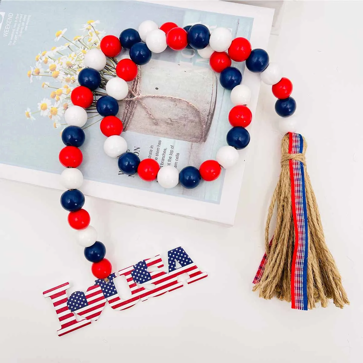 

4 Styles 2022 Independence Day I❤USA Pentagram Wood Tassel Bead String July 4th Popular Home Decor Pendant Accessories Toys Gift