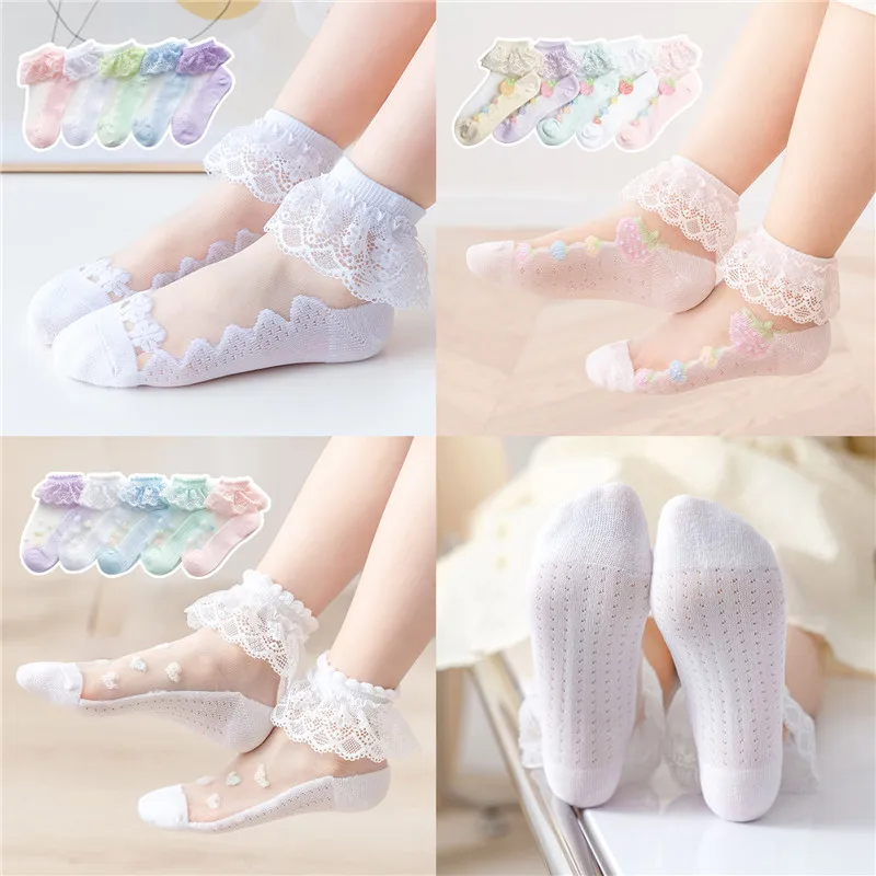 

5Pairs 2022 Girl Socks Princess Lace Socks Cotton Thin Mesh Breathable Crystal Socks Summer Kids Children Stuff 3-16Y Wholesales