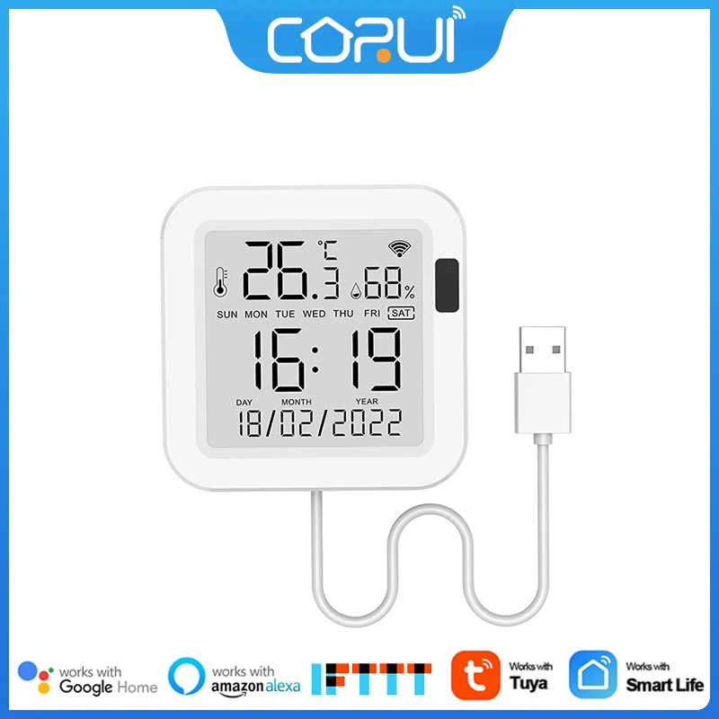 

CoRui TUYA WiFi Temperature And Humidity Sensor USB Power With LCD Screen And Infrared Sensing Backlight Working With Alexa