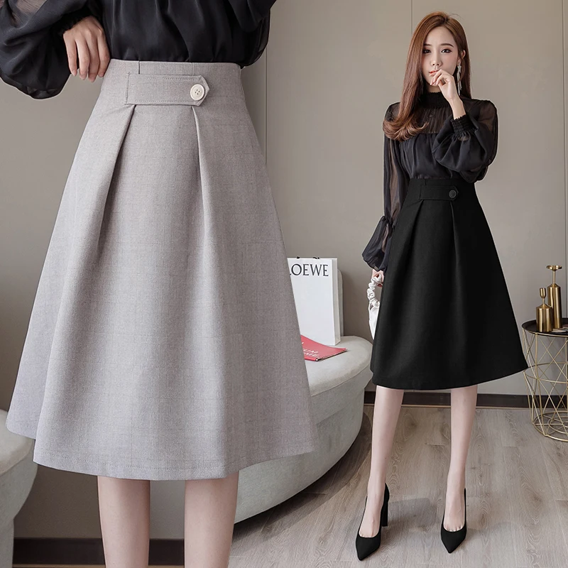 

Hong Kong Style Simple Buttons Swing Skirt 2022 High Waist Korean Style Retro Mid-Length