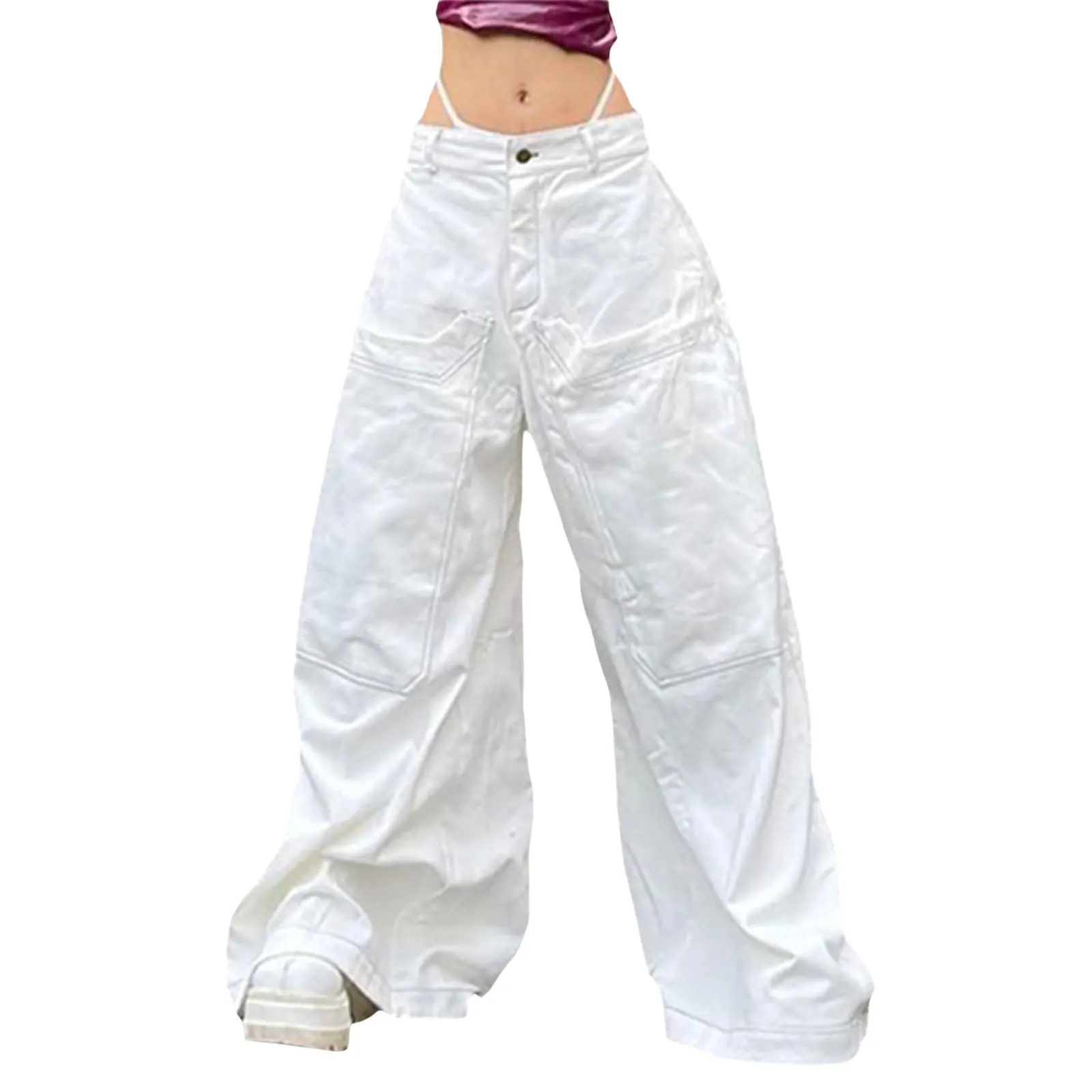 

Women Hippie Y2K Cargo Pants Low Waist Sweatpant Drawstring Pockets Baggy Wide Leg Trousers Vintage White Parachute Pants Fall