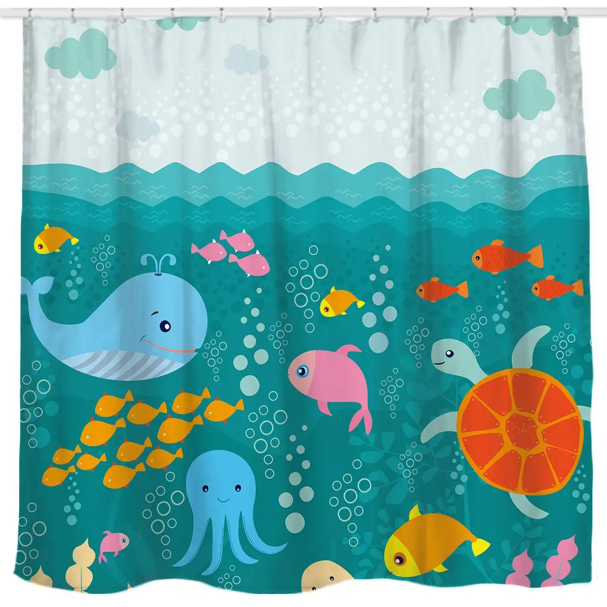 

Lovely Cartoon Sea Creatures Fabric Shower Curtain,Whale Turtle and Fish Waterproof Bathroom Decor Curtain for Girls Boys, Hooks