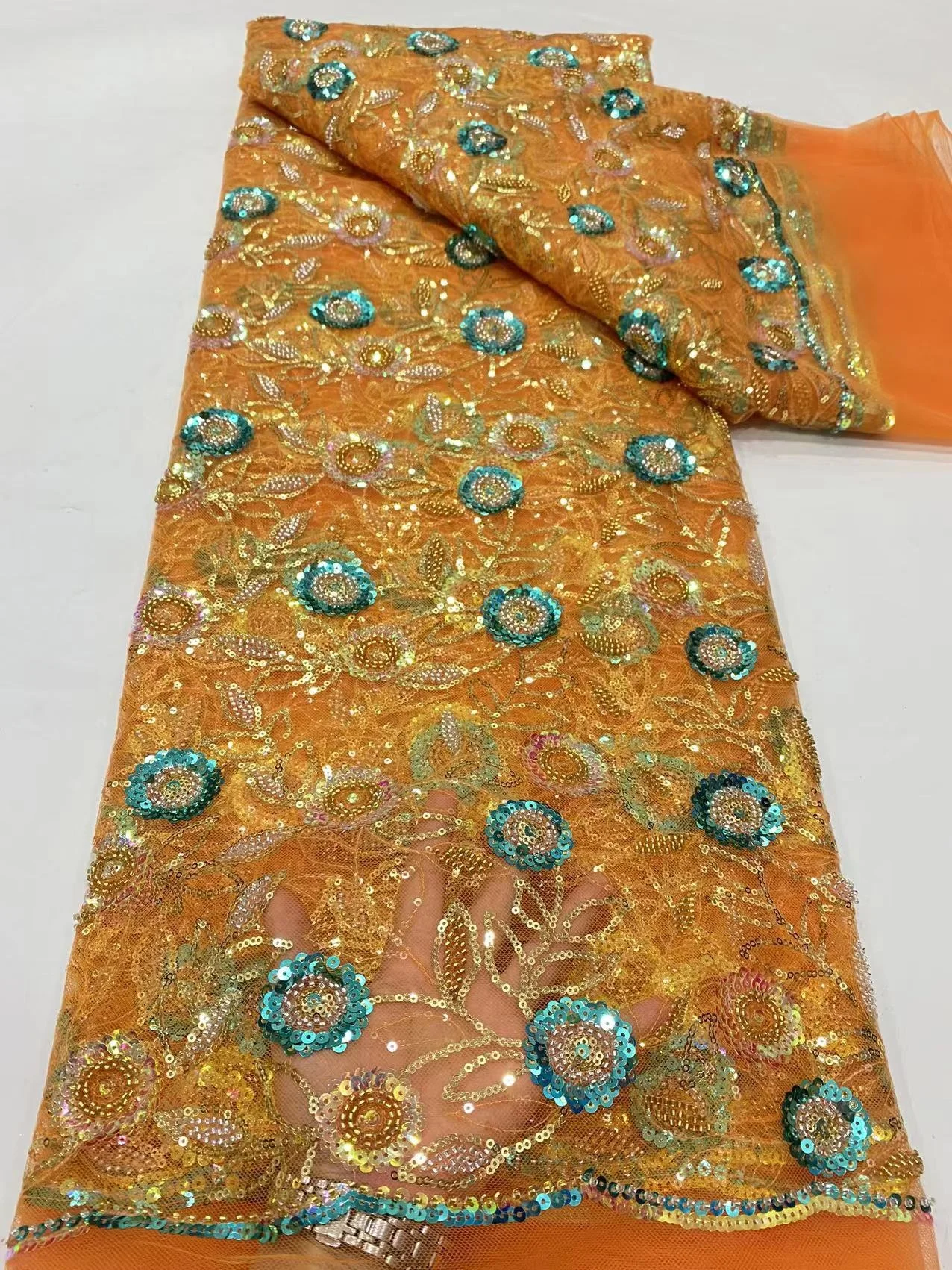 

5 Yards Beaded Lace Fabric Luxury African Nigerian Sequins Net Tulle Embroidered Mesh Fabric for Wedding Party Dresses Lace
