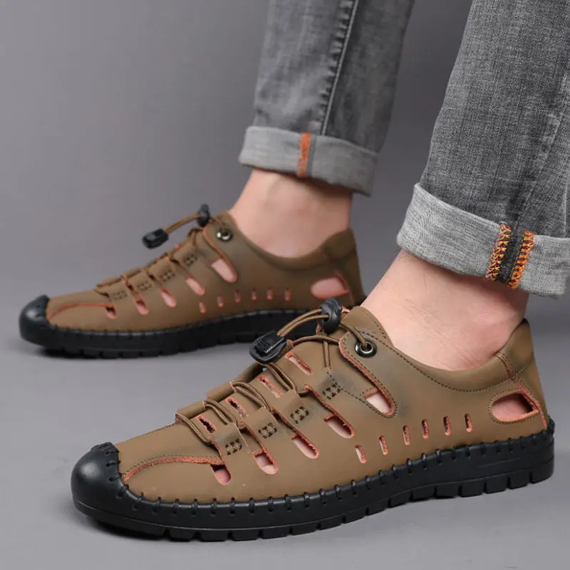 

Men's Sandals Wear Soft Sole Leather Toe Cap Hole Shoes 2022 Summer Cowhide Casual Hollow Sandals Casual Shoes Solid Men Shoes