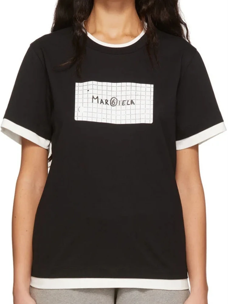 

Women T-shirt 2022 Spring and Summer New Fake Two-piece Grid Letters Loose Short-sleeved T-shirt Women Top