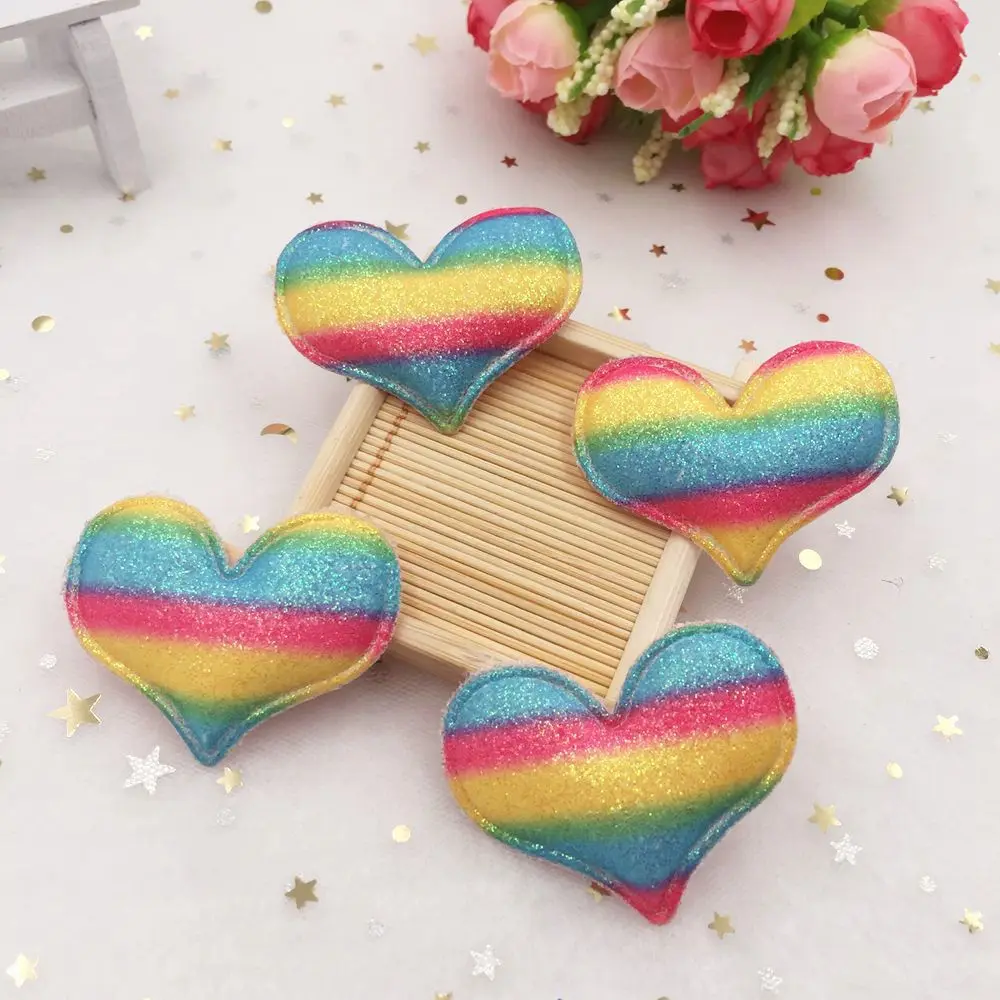 8pcs Glitter Bepowder Padded Fabric Pretty Rainbow Heart Appliques Wedding Patches DIY Hair Clip Accessories Craft Supplies