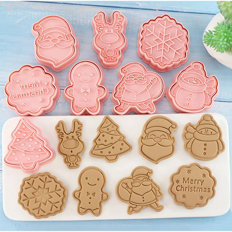 8pcs/set Christmas Santa Snowflake Tree Cartoon Cookie Mold Home DIY Birthday Cake Decoration Baking Tool 3D Press Cookie Cutter