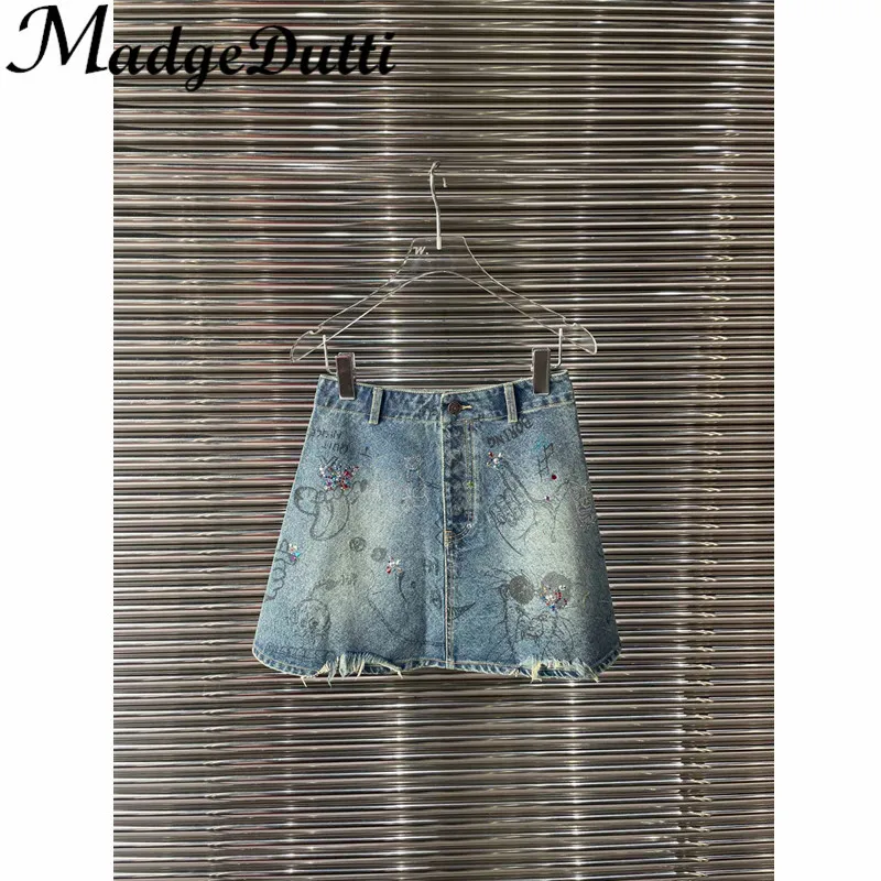

11.14 MadgeDutti Vintage Letter Diamonds Rhinestone Print Washed Ripped Denim Skirt Women