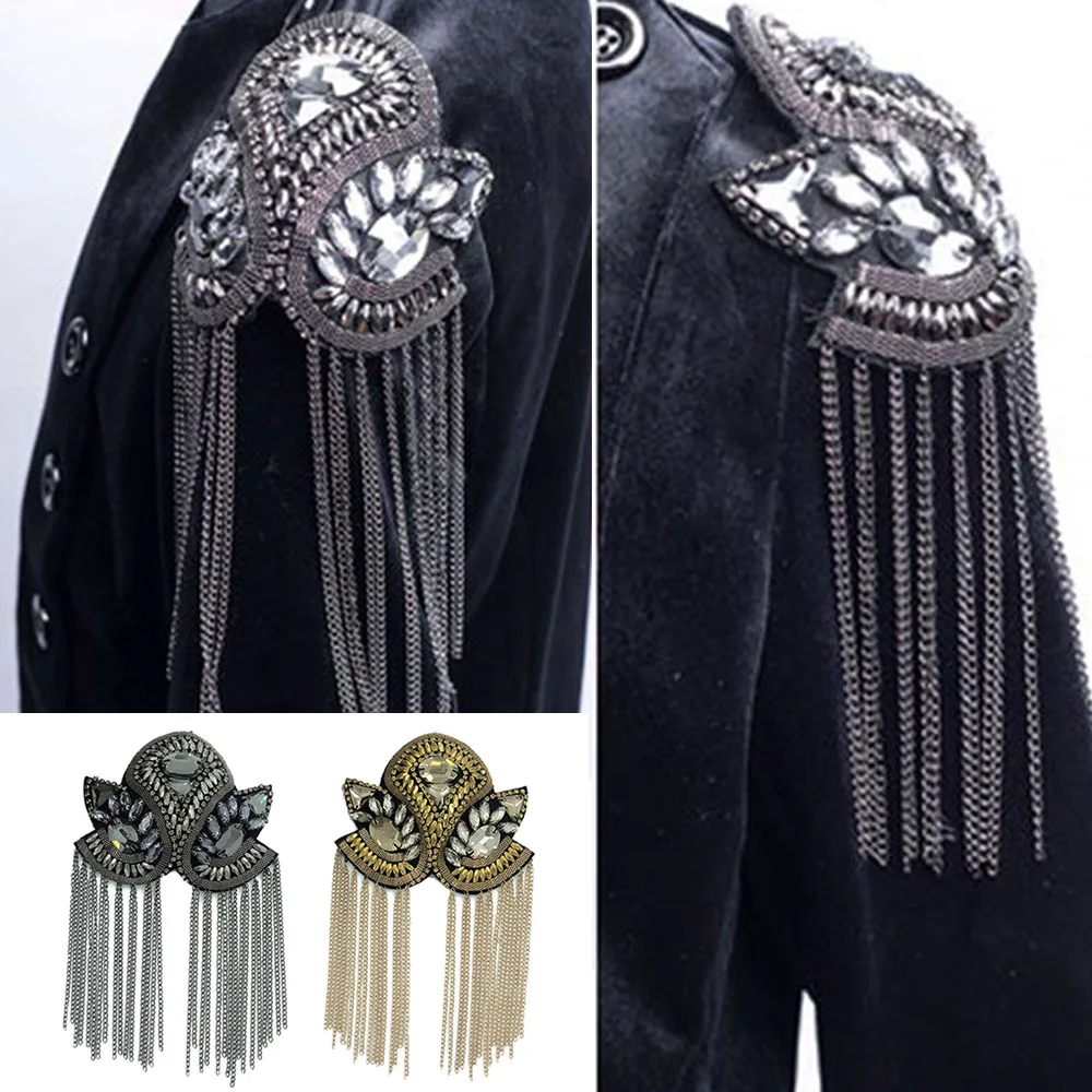 

Handmade Rhinestone Fashion Tassel Chain Shoulder Board Badges Beads Patch Metal Epaulet Epaulette Military Pin on Brooch Medal