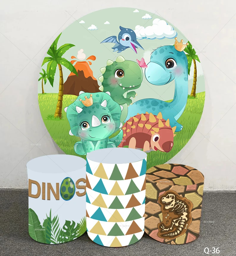 

Dinosaur Party Photo Background Cartoon Jurassic World Kids 1st Birthday Cake Smash Banner Boy Baby Shower Circle Round Backdrop