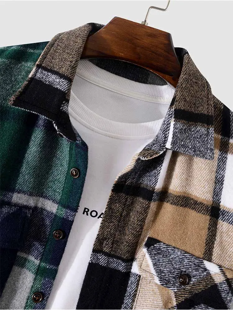 ZAFUL Men's Shirt Y2K Long Sleeve Shirts Flannel Warm Plaid Print Blouse Tops Harajuku Style Fall Winter Overshirt with Pocket
