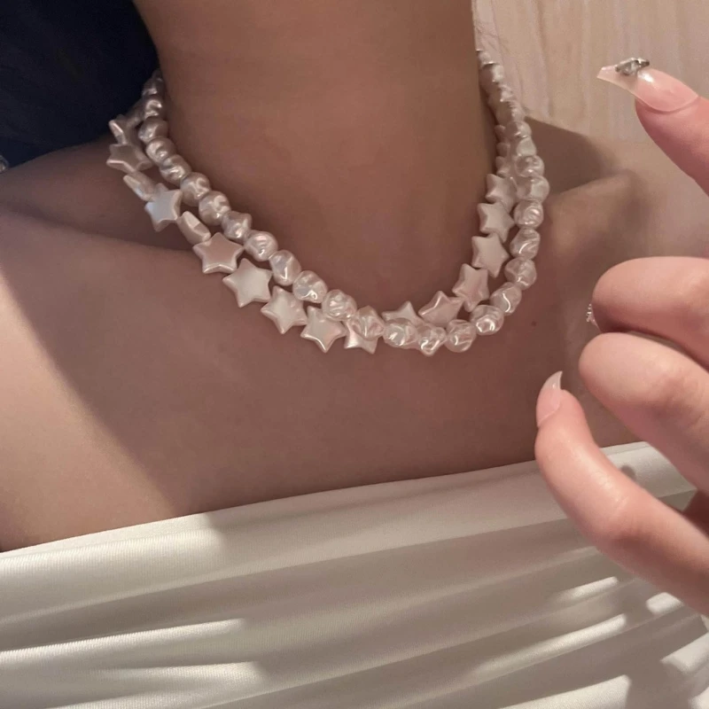 

Массивное ожерелье с подвеской в виде звезды, цепочка до ключиц, женское ювелирное изделие с имитацией жемчуга X3UD