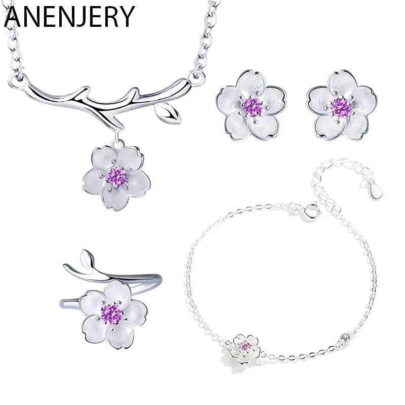 

ANENJERY Romantic Silver Color Cherry Blossoms Flower Jewelry Sets Pendant Cute Bridal Wedding Sets