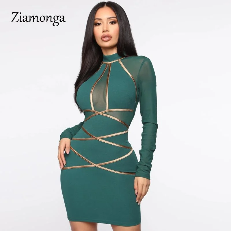 

Повседневные платья Ziamonga, зимнее кружевное Бандажное платье с длинным рукавом, женское сексуальное открытое клубное мини-платье, вечернее ...