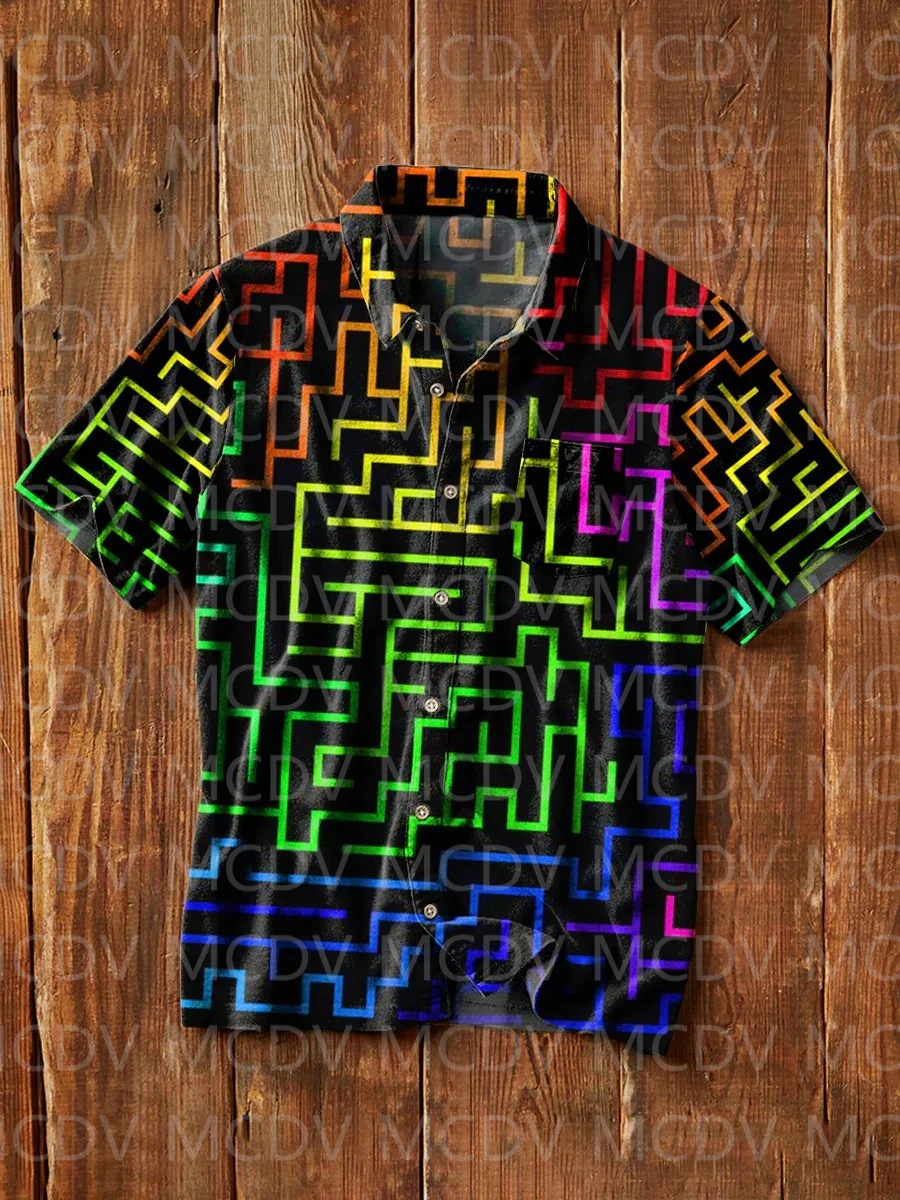 

Retro Rainbow Maze Art Peacock Feathers plaid Aloha Tie Dye Hippie Peace And Love Graphic Men's Vacation Beach Hawaiian Shirts