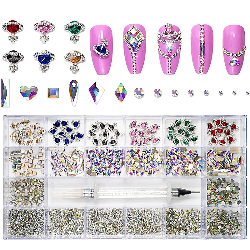 Luxury Crystal AB 3D Flatback Glass Nail Art Parts Rhinestones Set Mixed Charms Crystal Stones for DIY Nails Art Decorations