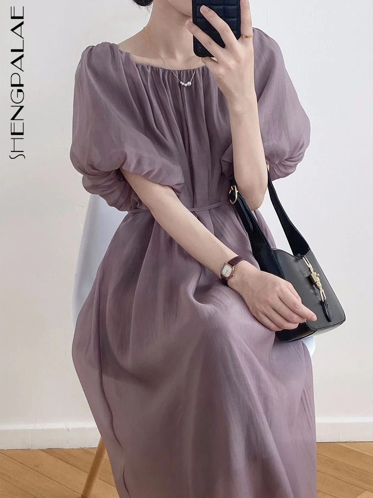 

SHENGPALAE Elegant One Line Neck Dress Casual Loose Fold Bubble Sleeves Slim Lace Up Robe Women 2023 Summer New Clothing 5R3445