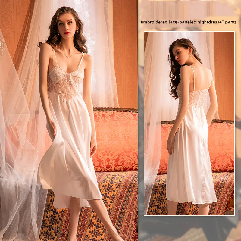 

2022 кружевная длинная пикантная Ночная рубашка на бретелях с накладкой на груди, женская летняя Пижама для ленивых пар Yan home